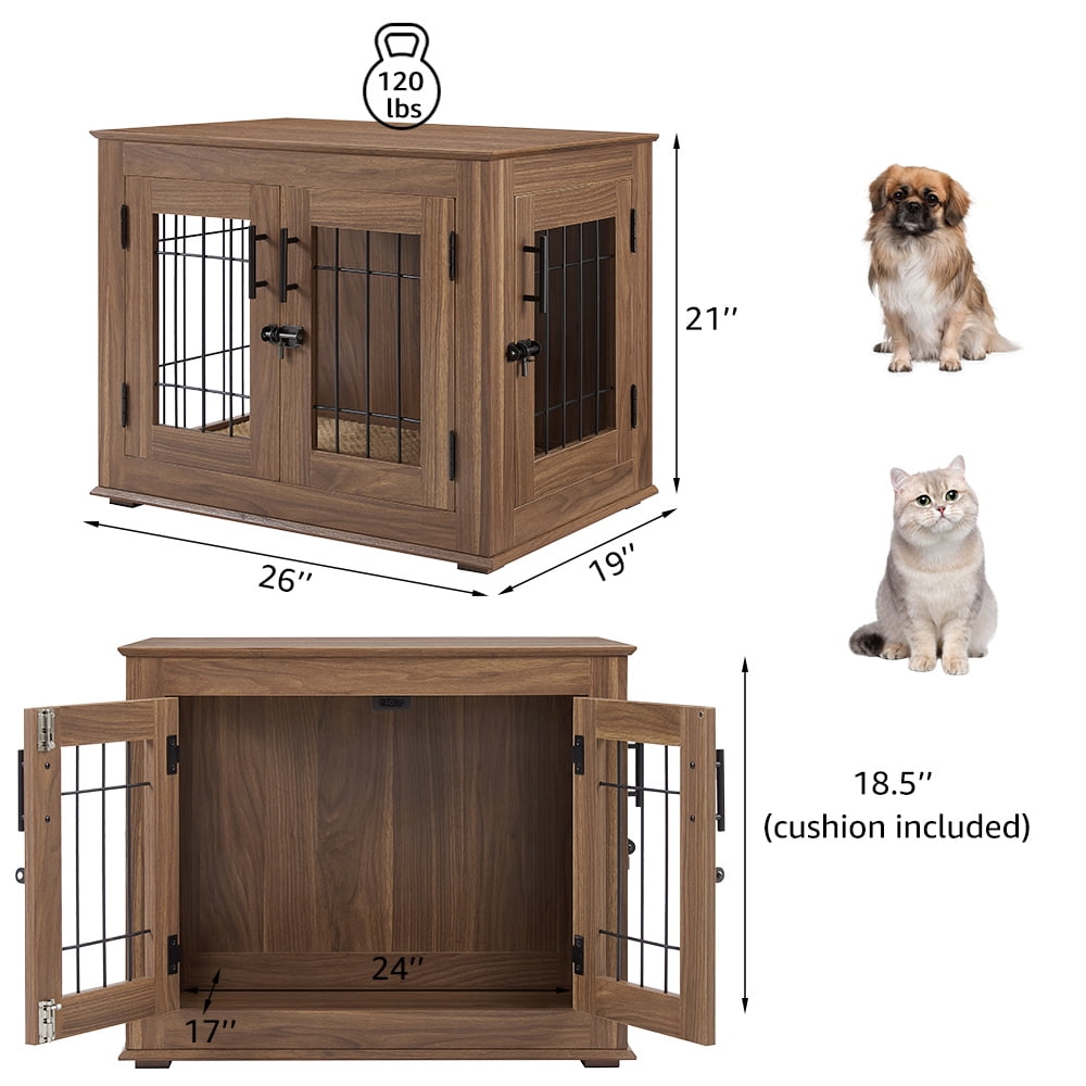 Unipaws Dog Crate Furniture, Double Doors Wooden Wire Dog Kennel with Pet Bed, Small Dog Crate