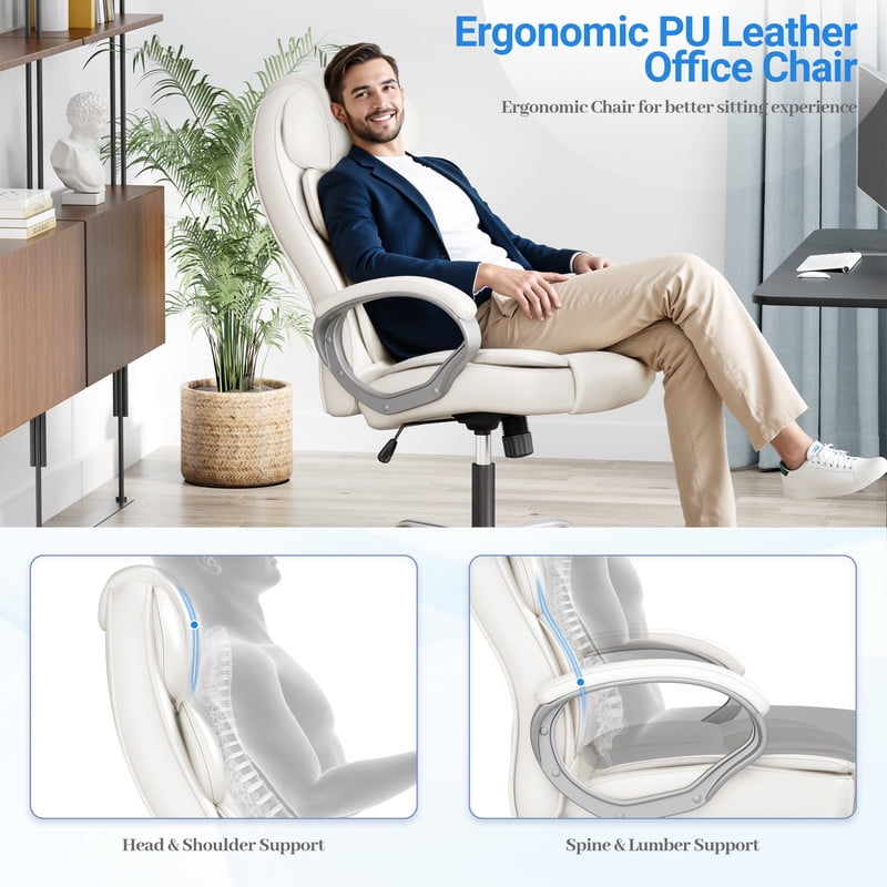 Homall High Back Adult PU Leather Office Chair, White (Set of 1)