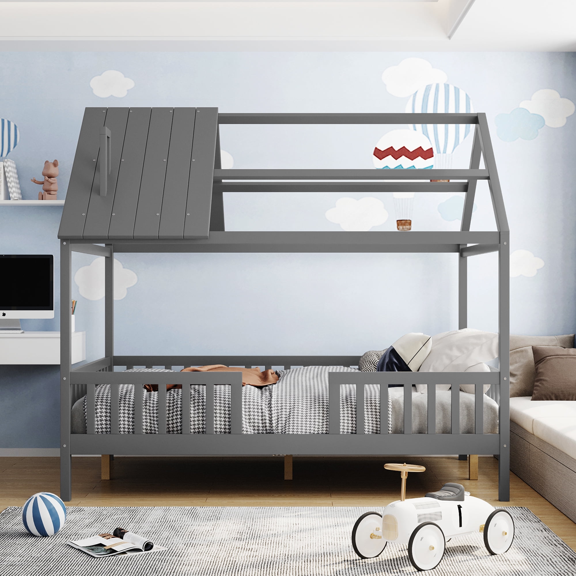 Wooden Tent Bed with Roof and Chimney Design for Toddlers, Full House ...