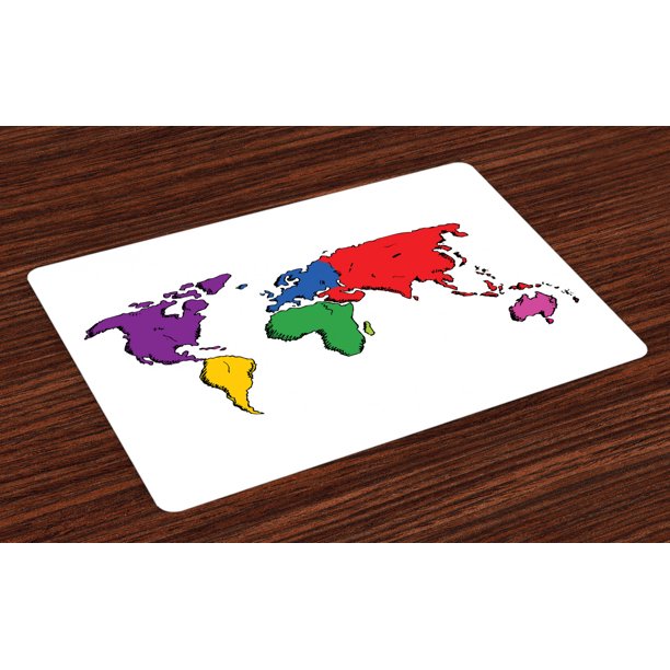 World Map Placemats Set of 4 Contemporary Illustration of World Map