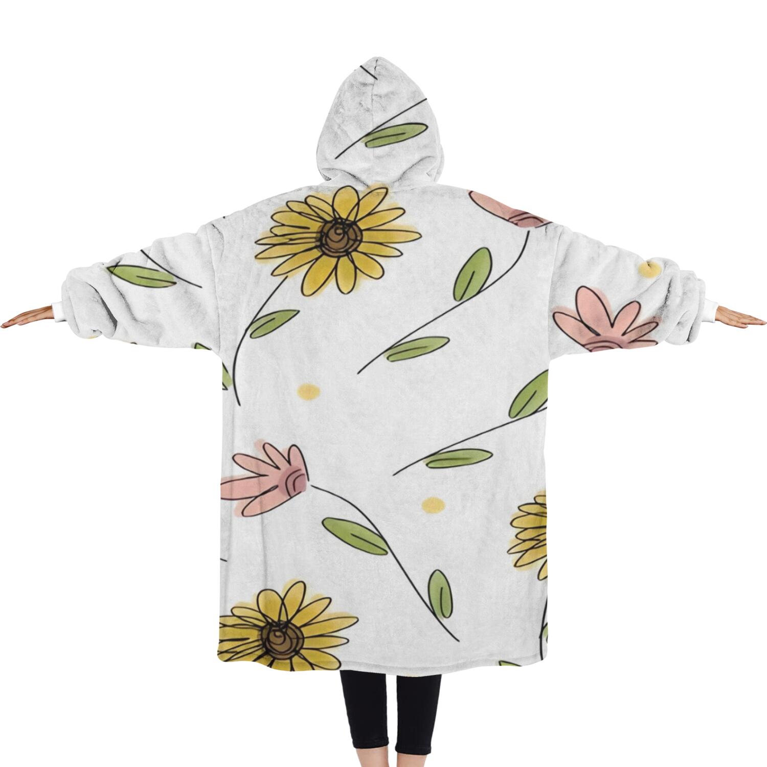 Oversized Wearable Blanket Hoodie,White Pink Flower Green Leaf Pattern Sherpa Blanket Hoodie with Super Pockets,Super Warm Fuzzy Pullover for Women & Men