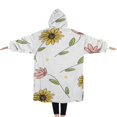 thumbnail image 2 of Oversized Wearable Blanket Hoodie,White Pink Flower Green Leaf Pattern Sherpa Blanket Hoodie with Super Pockets,Super Warm Fuzzy Pullover for Women & Men, 2 of 6
