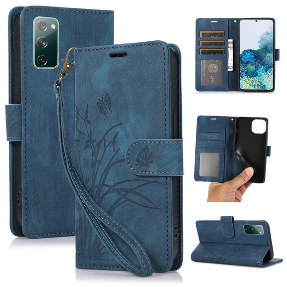 Flower&Butterfly Pattern Wallet Case for Samsung Galaxy S20,Dteck Magnetic Leather Case Shockproof Rubber Kickstand Full Body Protective Cover with Wrist Strap,Blue