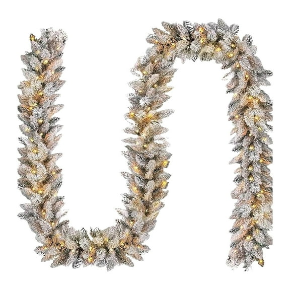 9FT Pre-Lit Snow Flocked Christmas Garland with Warm White LED Lights and Pine Cones, Artificial Frosted Garland for Fireplace Mantel Stair Railing Door, Garland