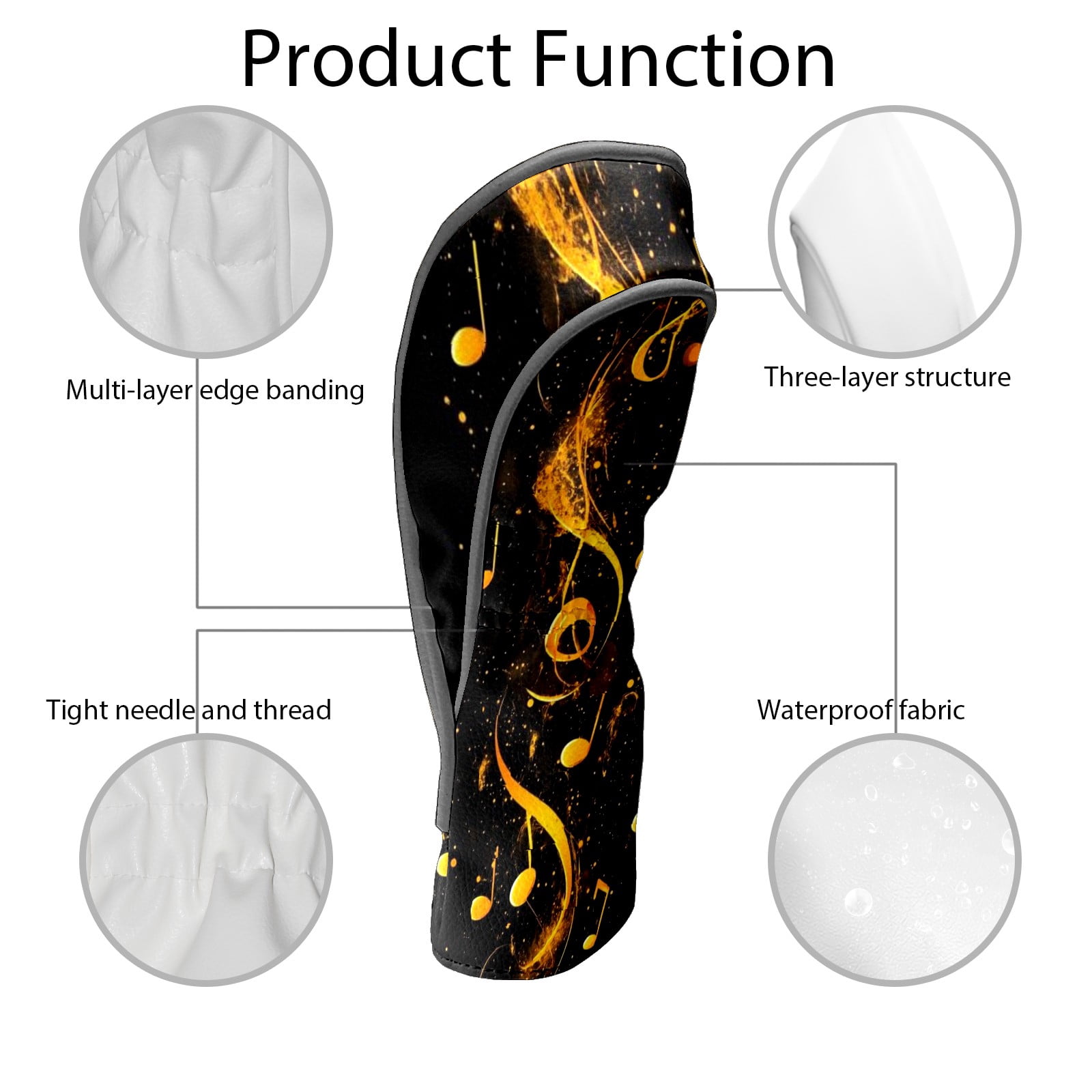Golf Club Head Covers - Yellow Musical Note Pattern, PU Leather, Waterproof, Fits Fairway Woods/Hybrid, Unisex, Fits Most Brands
