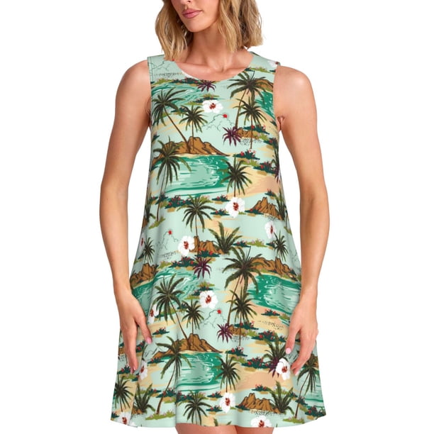 Balery Colorful Hawaii Palms Vestidos de verano para mujer con estampado: vestido holgado sin mangas, vestido playero informal y cómodo para días calurosos.