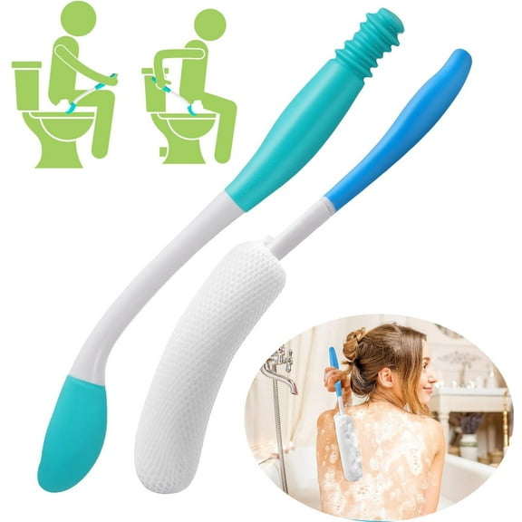 Toilet Aids for Wiping, 15" Long Reach Butt Wiper Bath Brush Set Comfort Bottom Buddy Wiping Aid Self Wipe Bathroom Tools for Disabled, Elderly, Pregnant and Physically Challenged 2Pcs