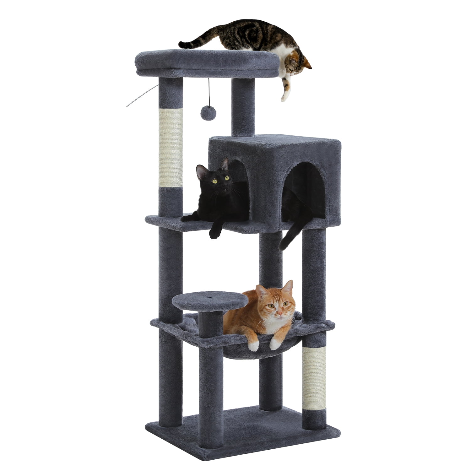 PAWZ Road Cat Tree Condo 46”with Sisal Covered Scratching Posts Tower Deep Hammock and Large Perch for Small Cats,Dark Gray