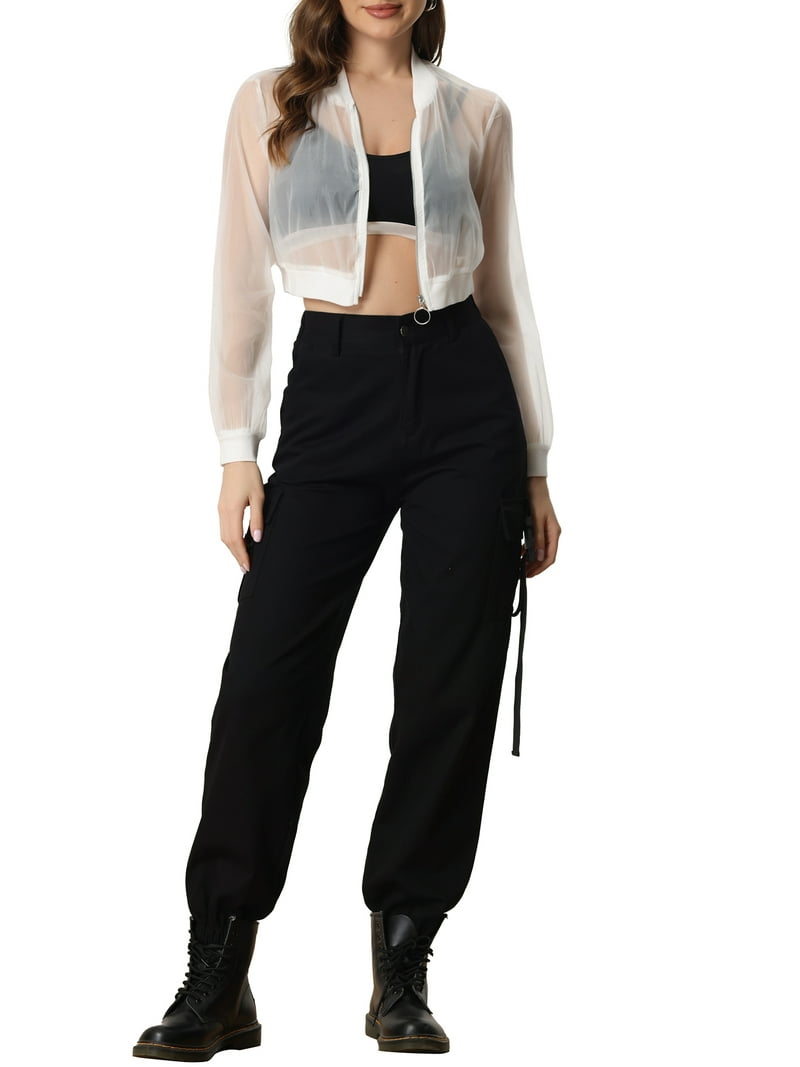 INSPIRE CHIC Bomber Crop Jacket for Women's Sheer Mesh Lightweight
