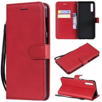Dteck Wallet Case For Samsung Galaxy A50, Pure Color Slim PU Leather Flip Stand Cover Built-in Card Holder / Money Pocket Case With Hand Strap, Red