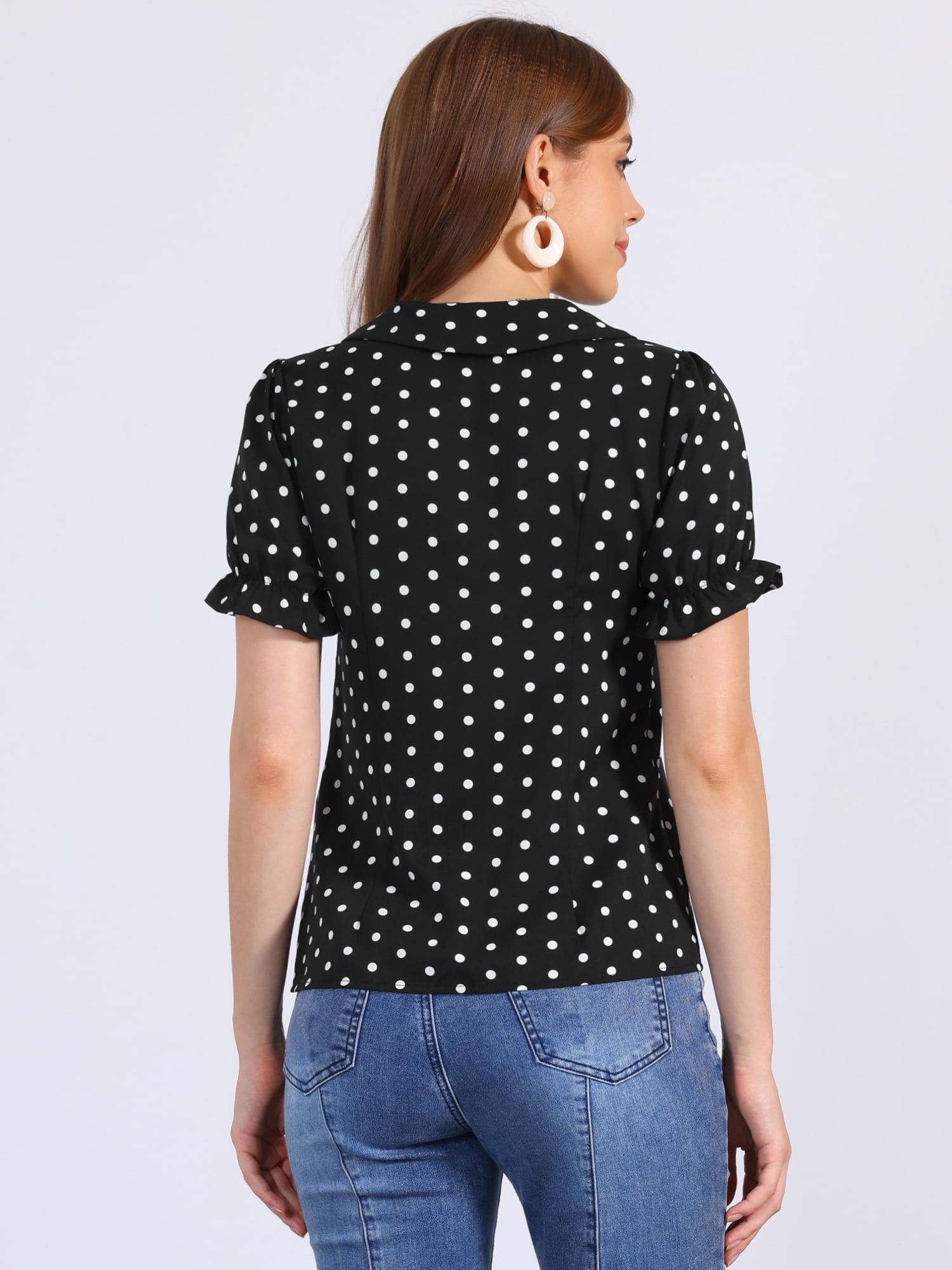 DARING DIVA Women's Polka Dots Short Puff Sleeve Button Up Collar Blouse S Black White