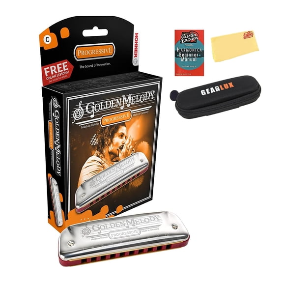 Hohner Golden Melody Harmonica - Key of C Bundle with Zip Case, Instructional Manual, and Austin Bazaar Polishing Cloth