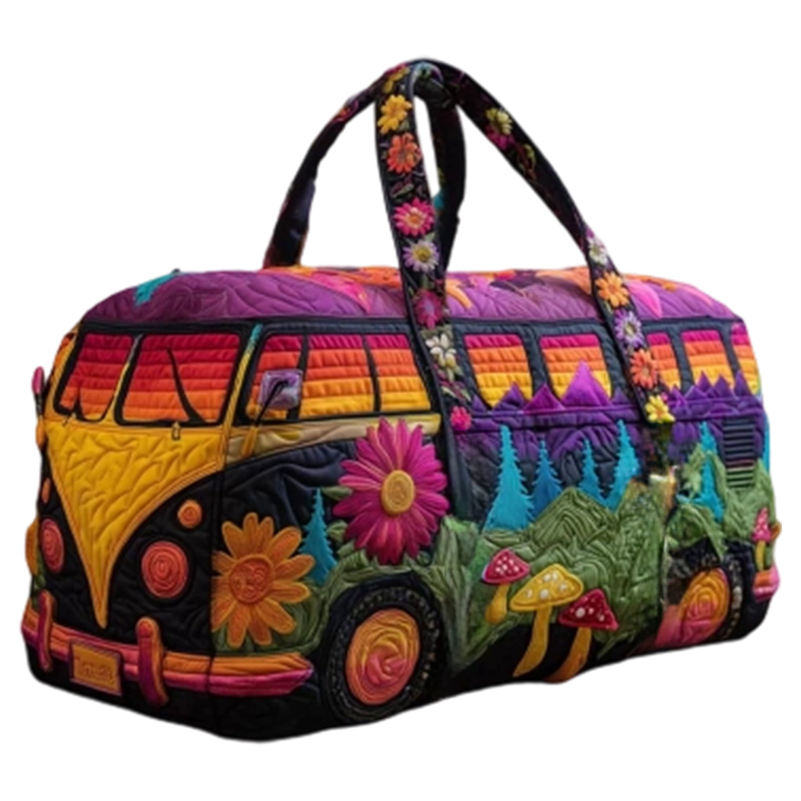 16x8x8 Inch Hippie Van Quilted Duffle Bag, Boho Travel Weekender Bag with Strap, Retro Style for Everyday Travel