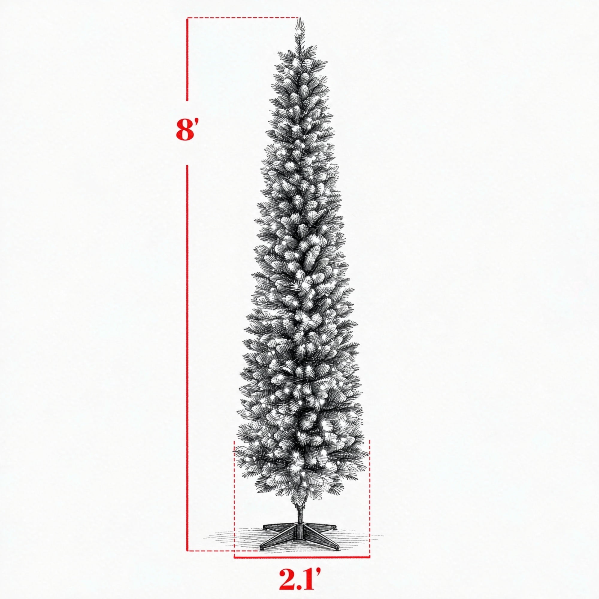 Pre-Lit Pencil Christmas Tree, 8 ft Slim Frosted Fir with 300 Dual-Color LED Lights, 11 Lighting Modes, Remote Control, 445 Branch Tips, PVC and Steel, for Small Rooms and Entryways