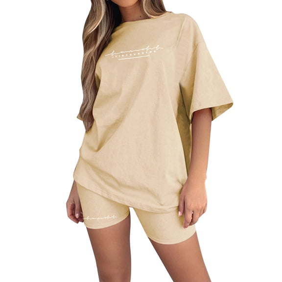 WAYUTE 2 Piece Sets for Women Letter Printed Loose Fit Casual Shorts Set Short Sleeved Top Drawstring Pants for Sports Workout