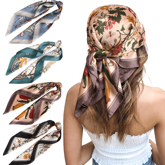 27 Inches Silk Feeling Square Head Scarf - 4 Pcs Satin Square Head Scarves for Women Hair Bandanas