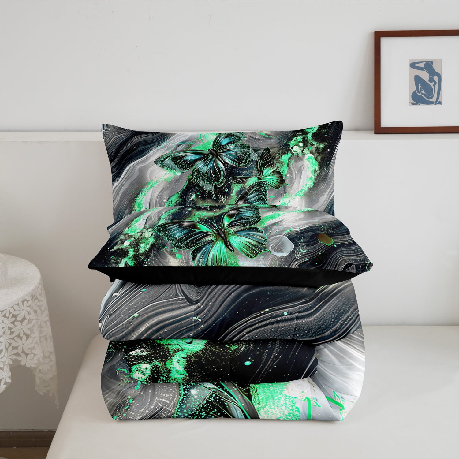 Black Marble Queen Comforter Set Teal Butterfly Bedding Set,Green Marbling Down Comforter Abstract Ombre Ink Fluid Art Duvet Insert Aesthetic