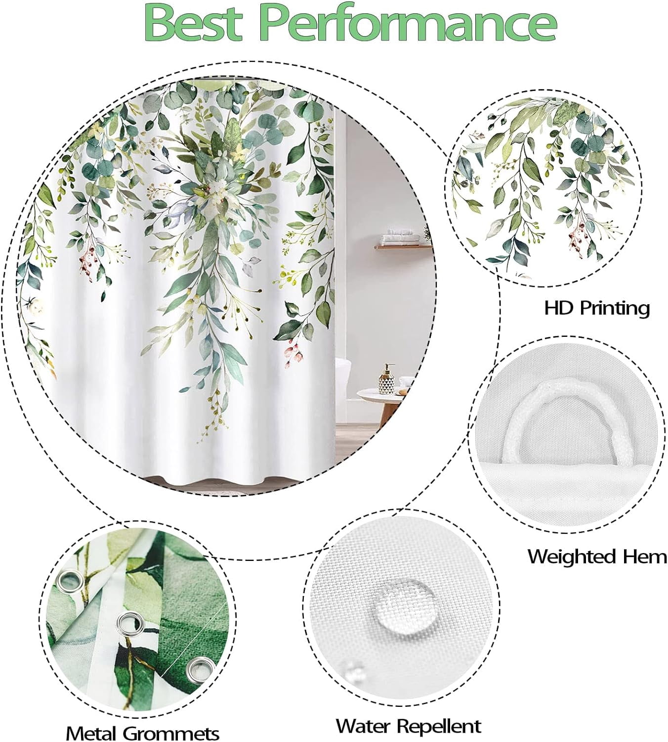 84 Inch Extra Long Green Eucalyptus Shower Curtain Watercolor Floral Plant Leaf Shower Curtains for Bathroom Botanical Flower Waterproof Fabric Bath Curtain with Hooks (Green, 72'''' x 84'''')