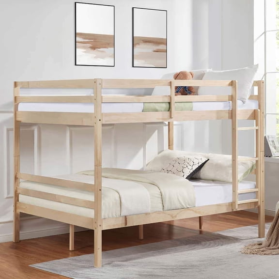 YYAo Bed Frame,Bedroom Bed Frame,Full over Full Bunk Bed with Ladder,Wooden Bunk Bed with High Guardrail and Ladder,No Box Spring Needed,Natural