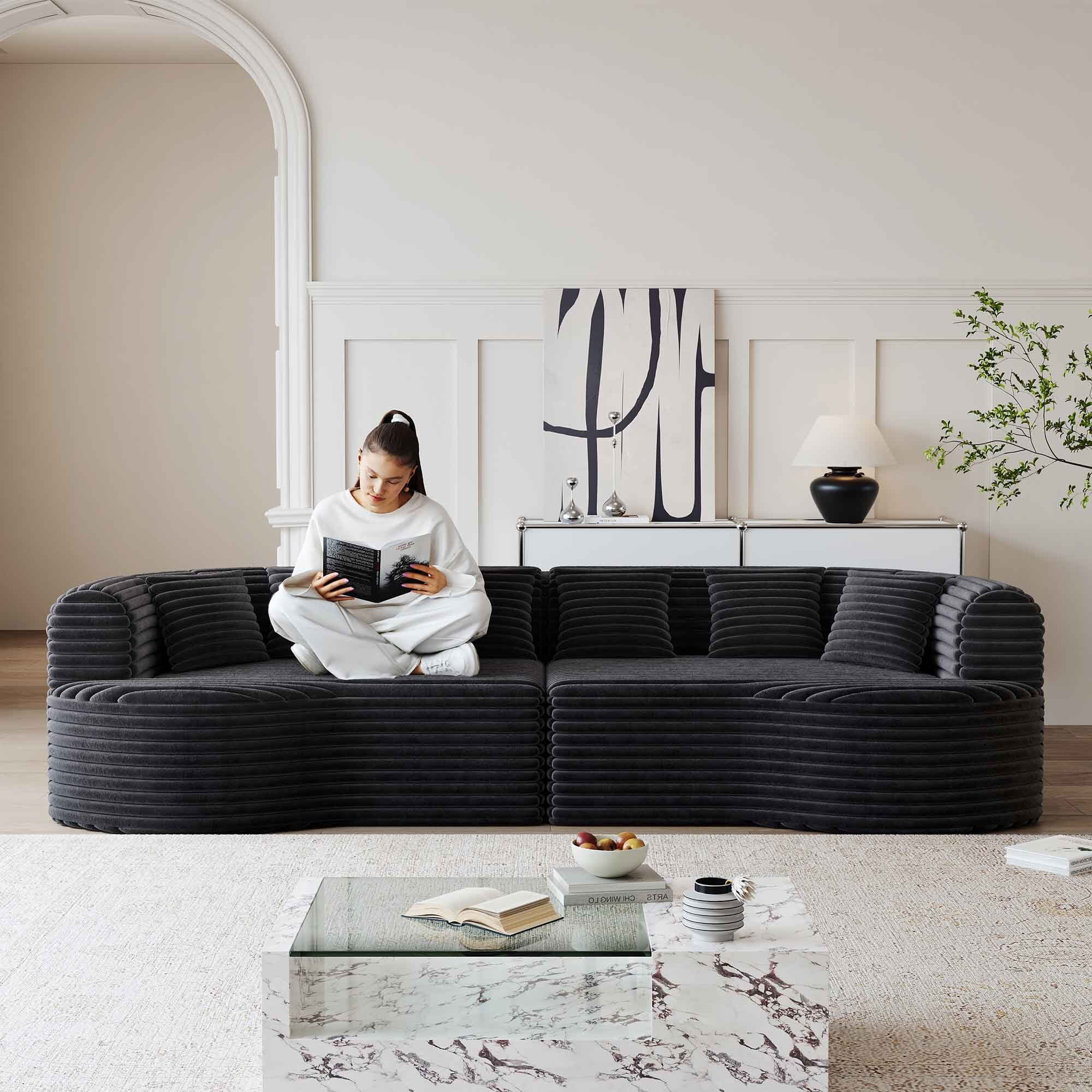 Lunale 106" Oversized Curved Sofa, Modern Boneless Cloud Couch for Living Room, Black Corduroy