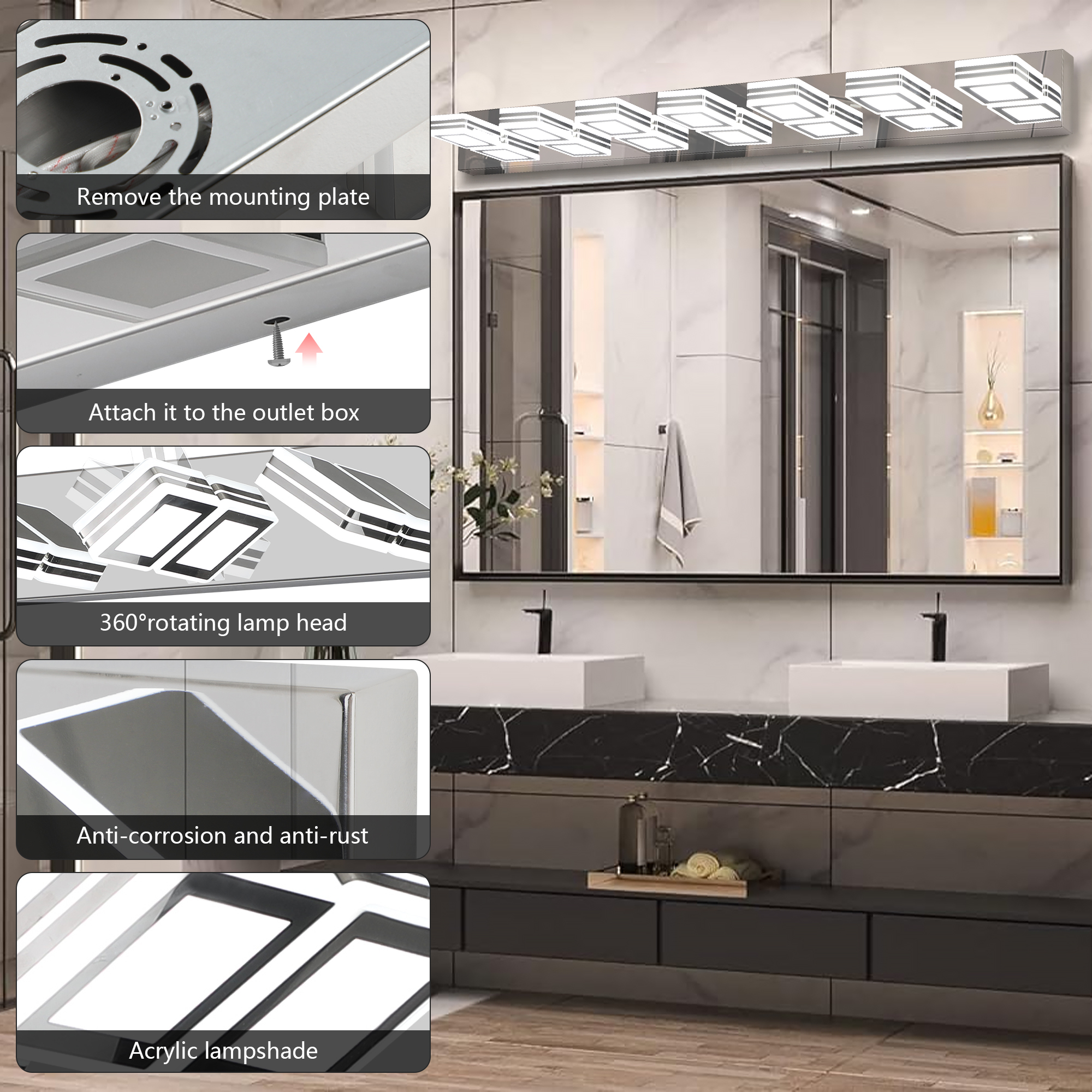 Leumius Modern 7-Light LED Vanity Light, Square Acrylic Lampshades Wall Mount Fixture for Mirror, Bathroom, Bedroom and Hallway Chrome