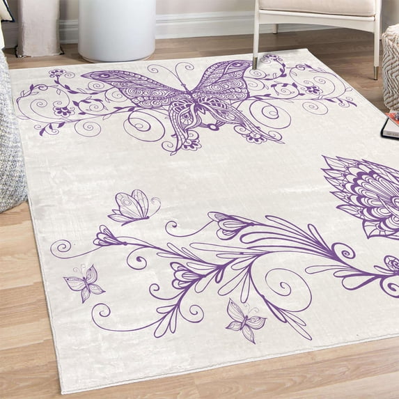 Spring Decorative Rug, Butterfly with Floral Mandala Pattern Bohemian Design with Butterfly Wings, Quality Carpet for Bedroom Dorm and Living Room, 6 Sizes, Blue Violet, by Ambesonne