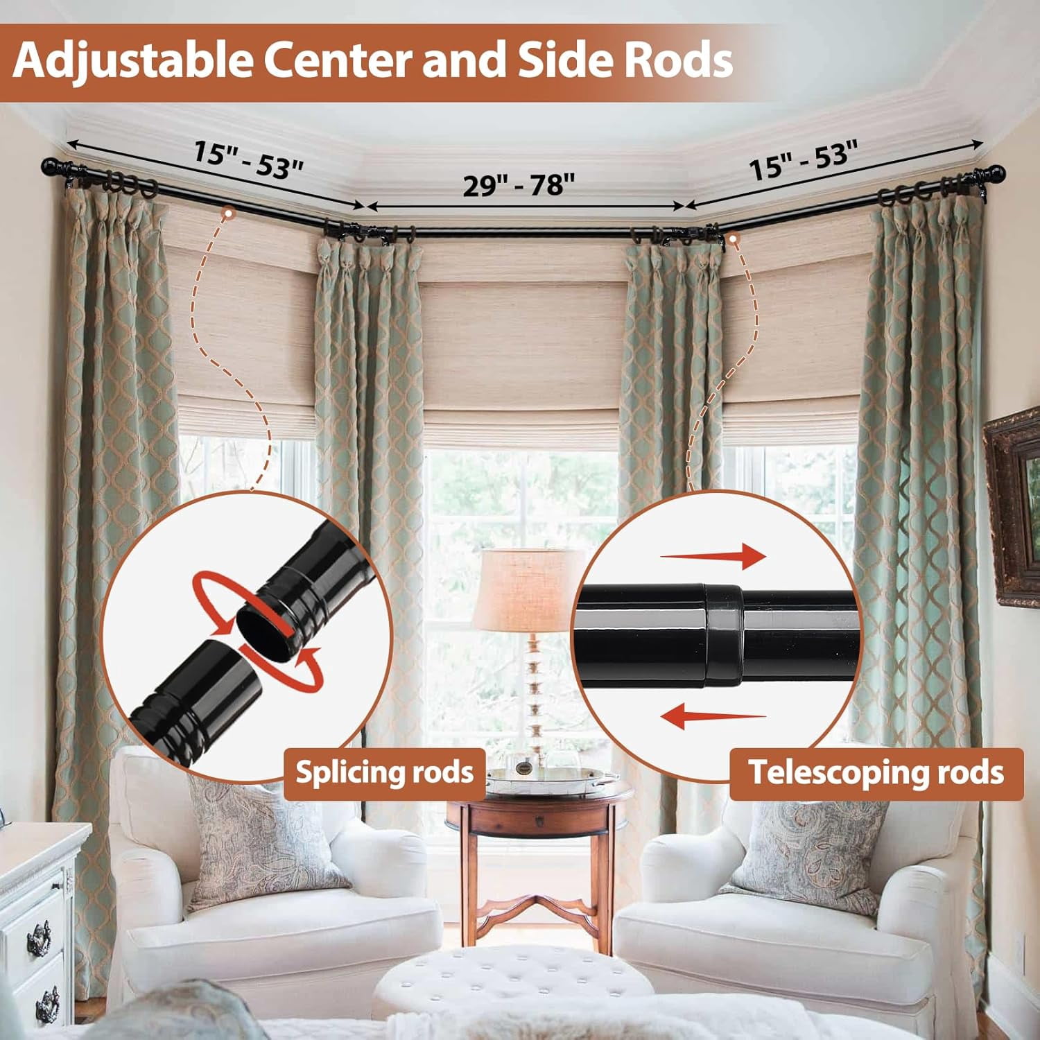 Corner Curtain Rod, 1 Inch Heavy Duty Metal L Shaped Corner window Curtain Rod, 32-136” Adjustable Curved Curtain Rod for Corner Window White