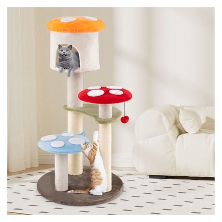 Cat Tree Mushroom Tower with Scratching Posts, Condo & Platforms - Colorful 48" Cat Climbing Tower