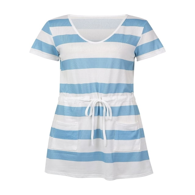 Robe d'Été pour Femme à Rayures, Robe à Bretelles à Empiècements, Col en V, Bretelles Spaghetti, Ceinture à Cordon, Robes avec Poches, Bleu Pâle, Rose, Gris, TTG