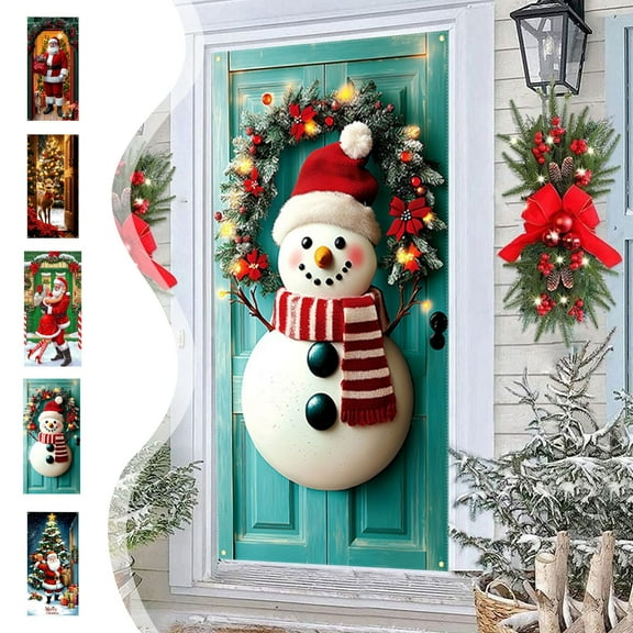 Christmas Door Cover, Xmas Door Cover Christmas Front Door Covers Winter Santa Claus Snowman Christmas Door Cover Decoration Hanging Door Cover Christmas Festival Party Photography Hanging Decoration