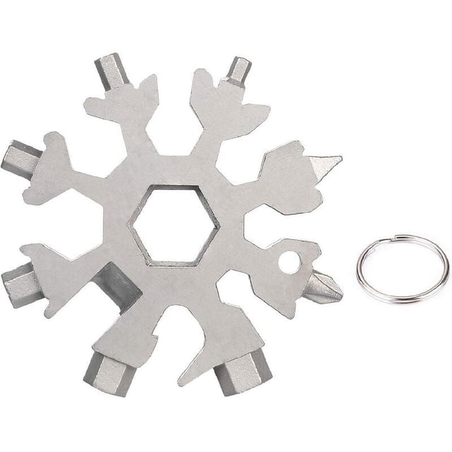 Desiderio - Multiherramienta 18 en 1 con forma de copo de nieve, destornillador, abridor de botellas y llavero para viajes diarios, herramientas multifunción para acampar (plateado)