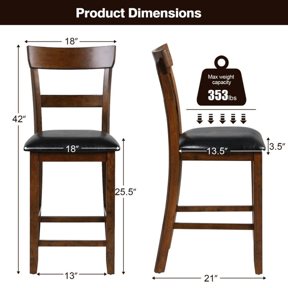 Demi Bonn 2 Pieces Counter Height Chair Set with Leather Seat and Rubber Wood Legs, Modern Bar Stools with Backrests, Black