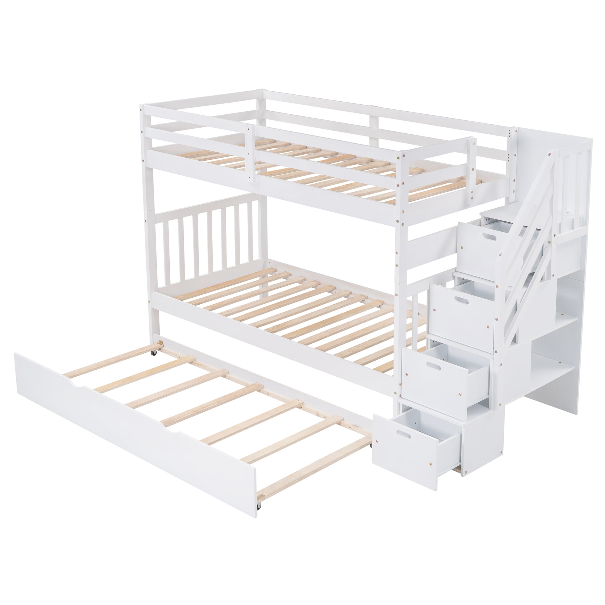 Aukfa Twin Over Full Bunk Bed with Trundle Bed, Wood Storage Stairway Bunk Bed with Drawer and Cabinet for Kids Bedroom - White