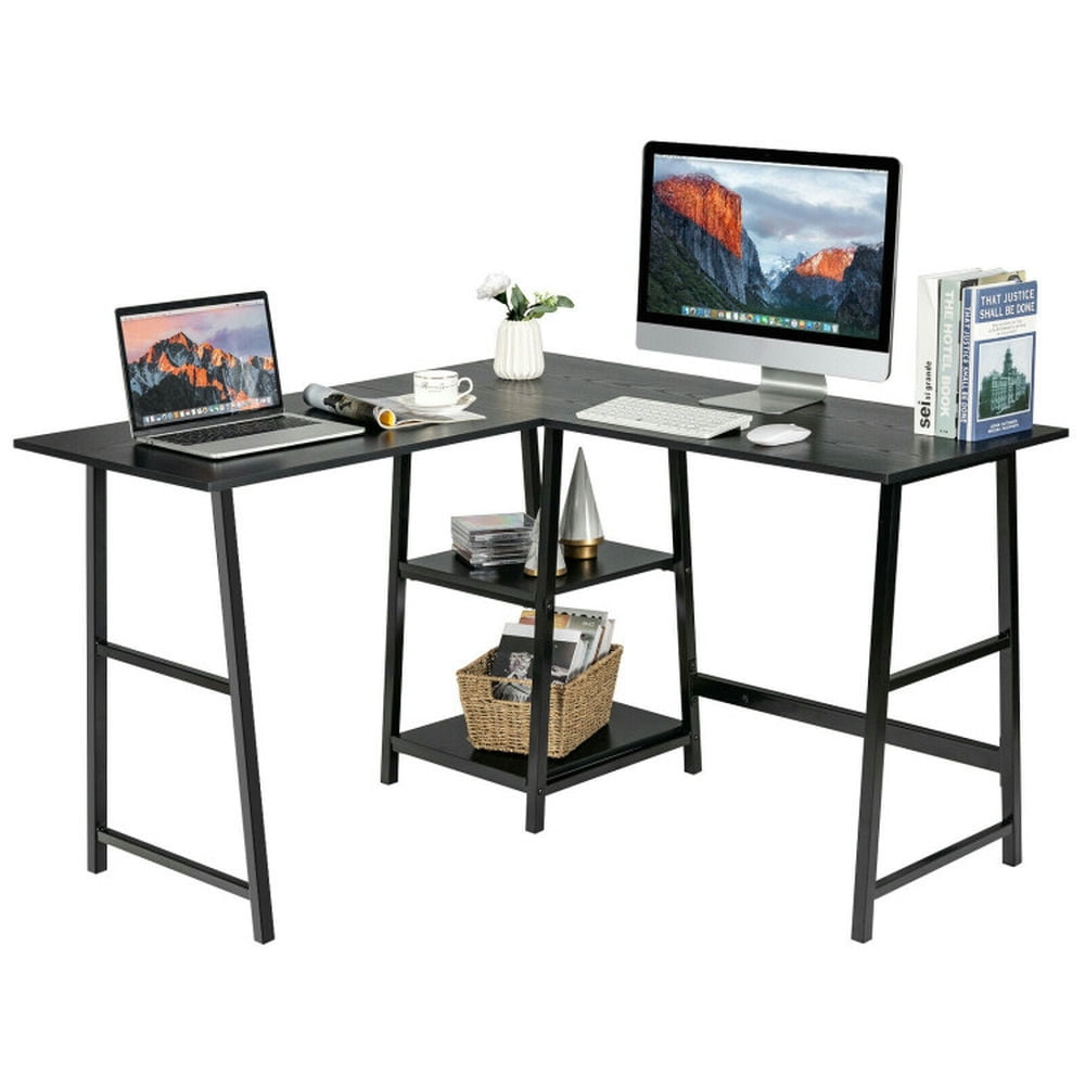 Demi Bonn L Shaped Corner Computer Desk with Storage Shelves, Small Home Office Desk Study Writing Table, Brown