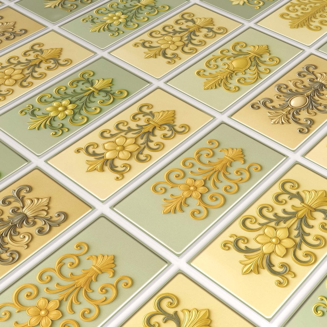 16Sheets Foaming Board Vinyl Tiles Stickers Wall Decals 8" x 4" Waterproof Peel and Stick Backsplash Yellow and Green Flowers Pattern Mural