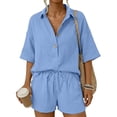 thumbnail image 7 of WAYUTE Short Sets Women 2 Piece Outfits Trendy Lapel Solid Color Blend Shirt and Shorts with Pockets Comfortable Soft Summer Casual Wear, 7 of 7