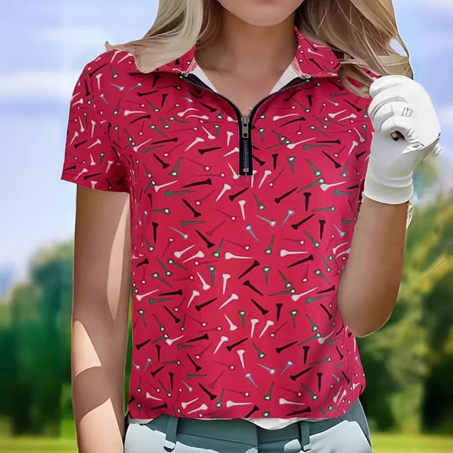 Blouses pour Femmes, Chemise de Sport Décontractée Col en V Blouses à Fermeture Éclair Manches Courtes Col Rabattu