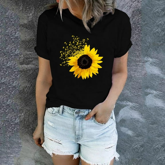 YEJIMAN Yellow Plus Size Tunic Tops For Women, Mike FIber Cotton Tshirts For Women, Sunflower Shirts for Women Cute Dandelion Graphics Tshirt Summer Women Short Sleeve Tee Tops