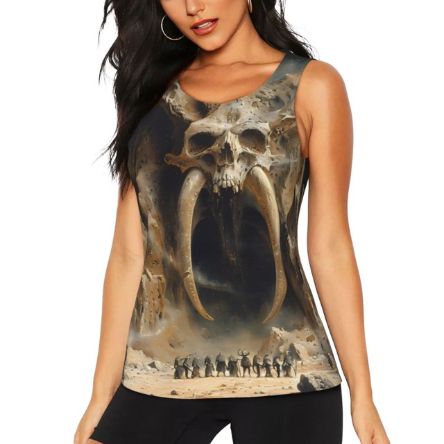 Balery Ancient Skull Cave Landscape Camiseta sin mangas estampada ligera para mujer, tops de entrenamiento sin mangas, camisetas de yoga transpirables de secado rápido.-XX-Large