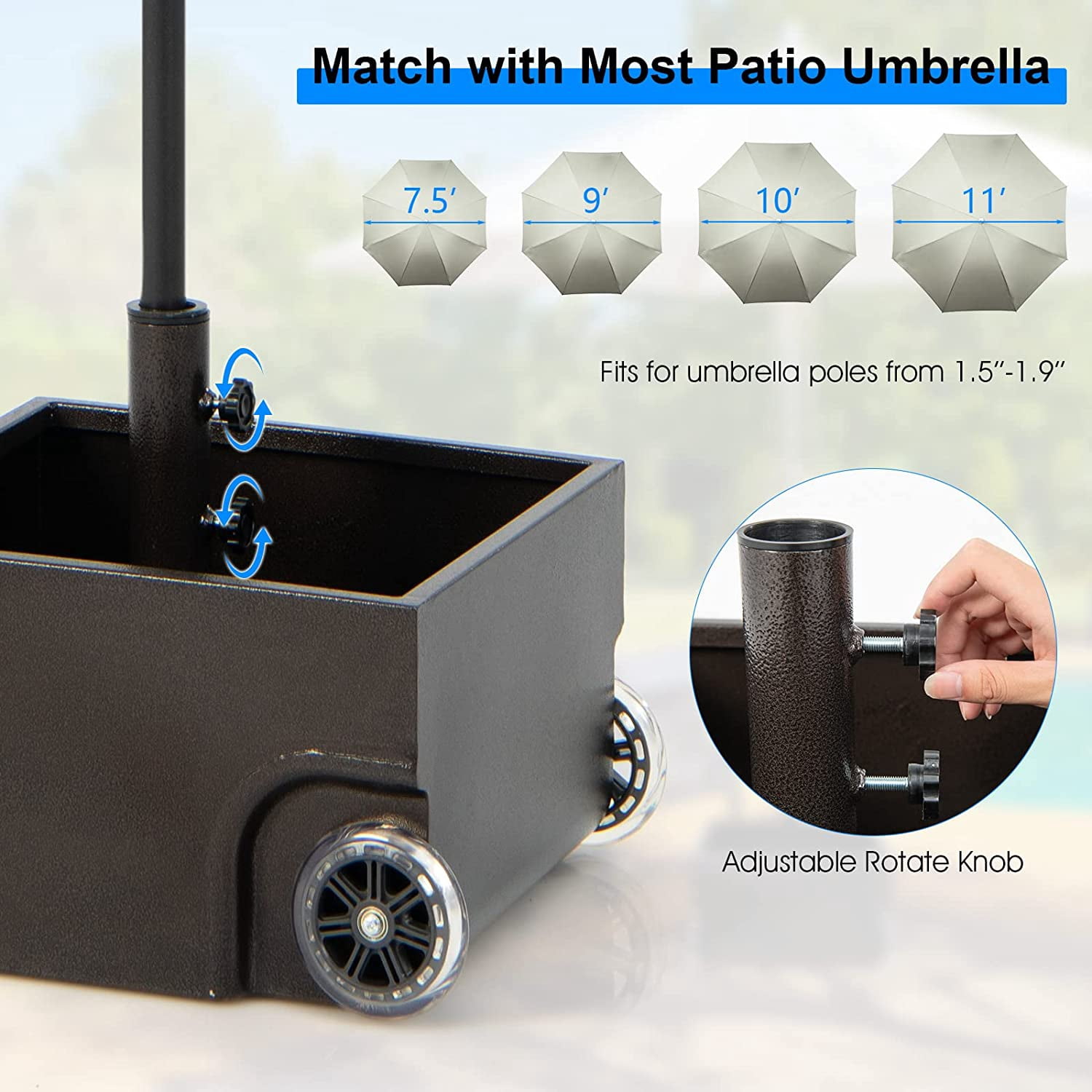LEHOME 170LBS 2-in-1 Patio Umbrella Base, Fillable Umbrella Stand with 2 Universal Wheels, Garden Flower Box with Drainage Hole, Outdoor Heavy Duty Umbrella Stand for Courtyard, Poolside (Black)