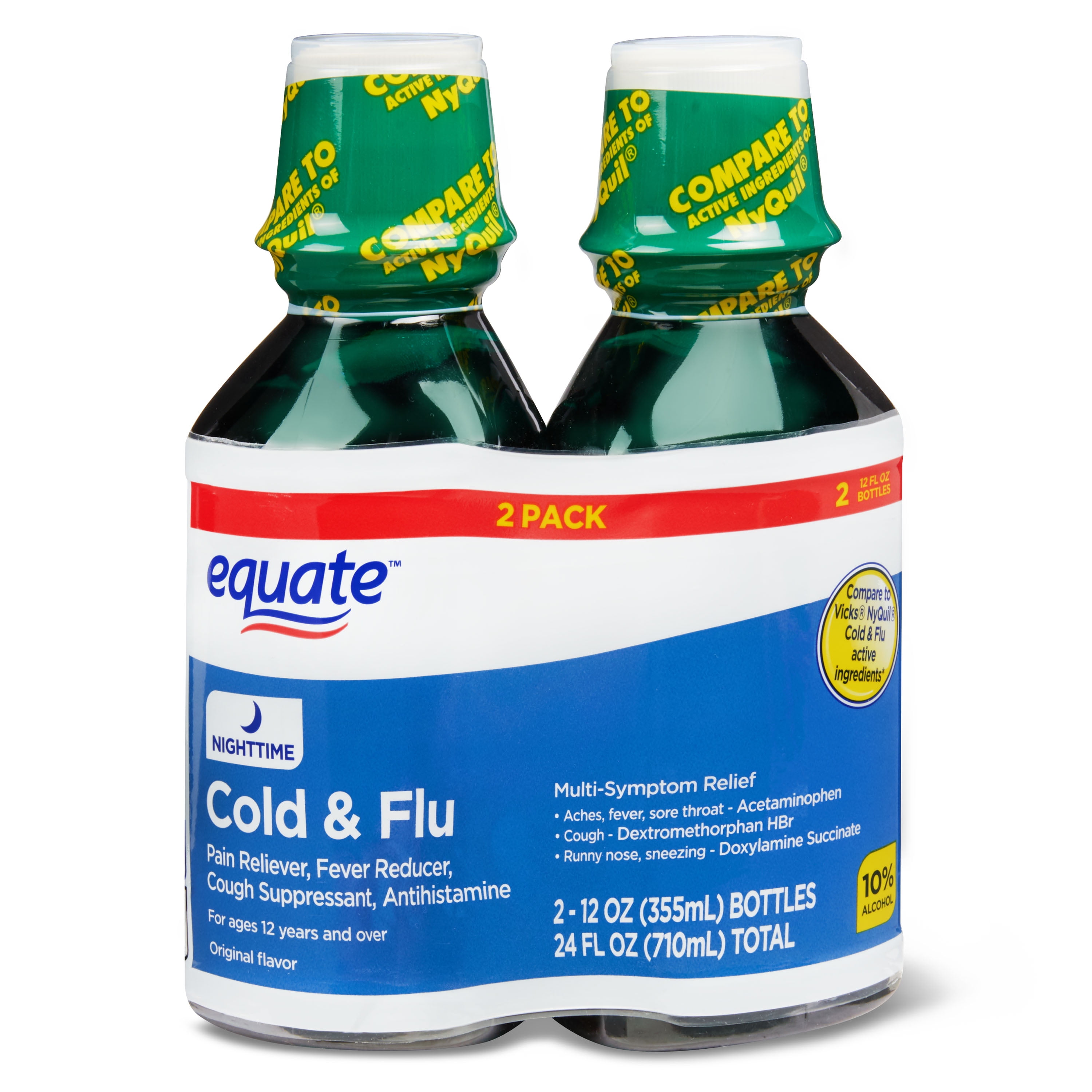 Equate Original Flavor NiteTime MultiSymptom Relief Cold & Flu Liquid Twin Pack, 24 fl. Oz., 2