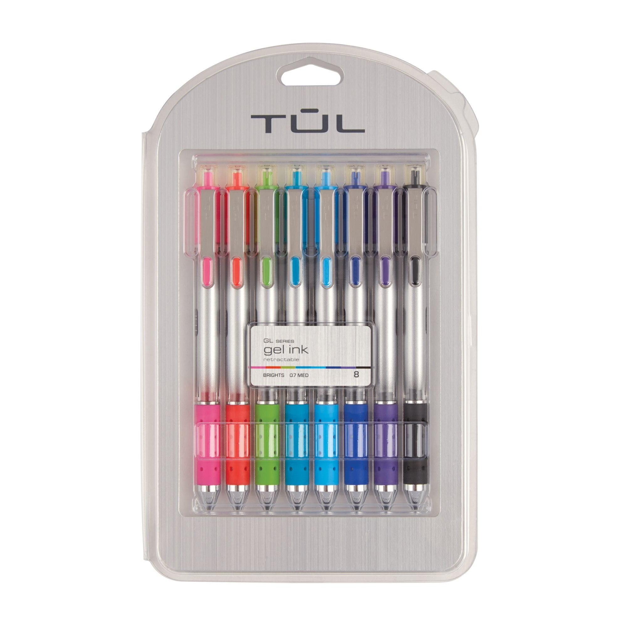 TUL Retractable Gel Pens, Bullet Point, 0.7 mm, Gray Barrel, Assorted Bright Ink Colors, Pack Of 8