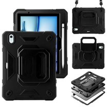Allytechgrou Rugged Case for Apple Air 11 Inch M3 M2 2025 2024, Heavy Duty Shockproof Kickstand Handle Design with Shoulder Strap Kids Friendly Drop Protection Case for iPad Air 11", Black