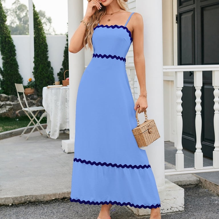 spaghetti strap dress flowy Maurie Poplin Maxi Dress in Vista Blue/White main image 0