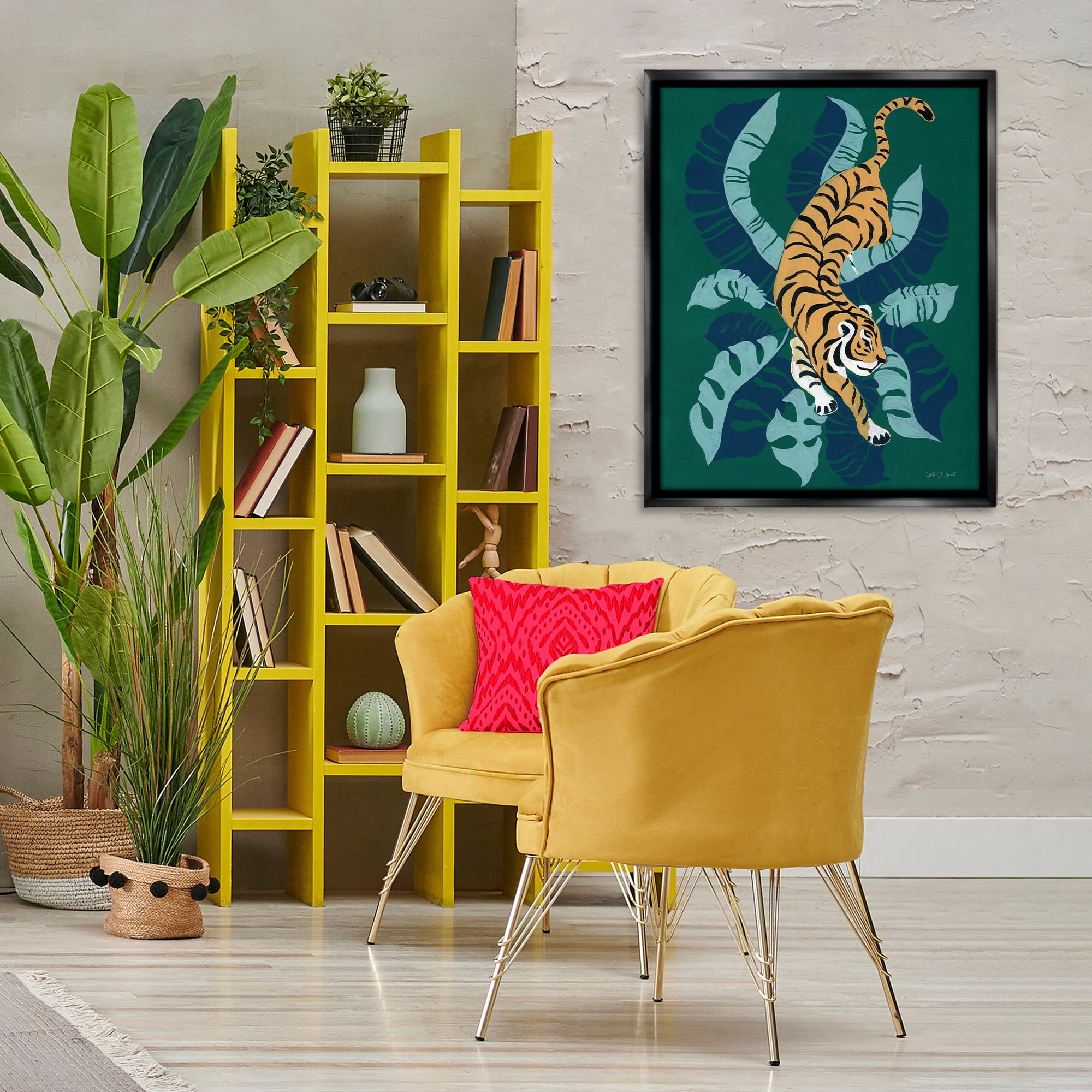 Stupell Industries Tiger Prowling over Palms Animals & Insects Painting Black Floater Framed Canvas Art Print Wall Art, 25 x 31