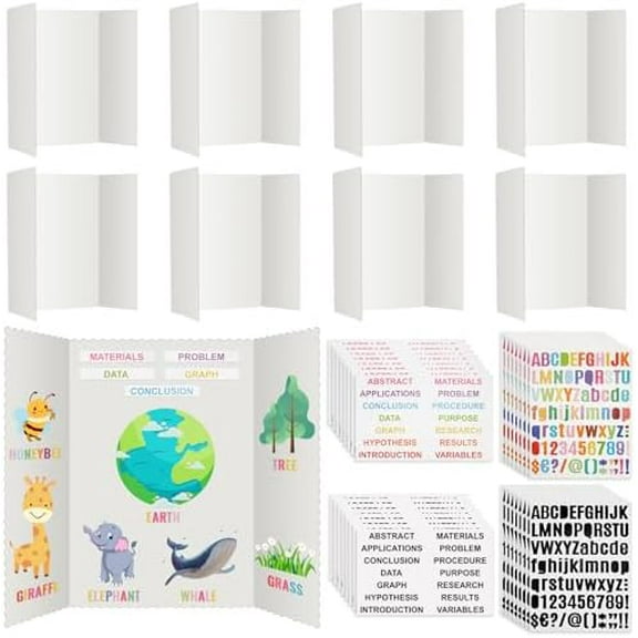 40 Pcs Trifold Poster Board 36" x 48" Large Science Fair Display Board Lightweight Fold Presentation Paperboard 8 Trifold Display Paperboard and 16 Letter Stickers and 16 Pcs Science Titles