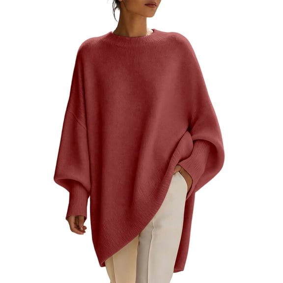 Vivianyo HD Women's Crew Neck Oversized Knit Tunic Sweater, Batwing Long Sleeve Loose Fit Pullover For Women, Fall Winter Longline Top for Brunch Meetings and City Walks, Size S-3XL