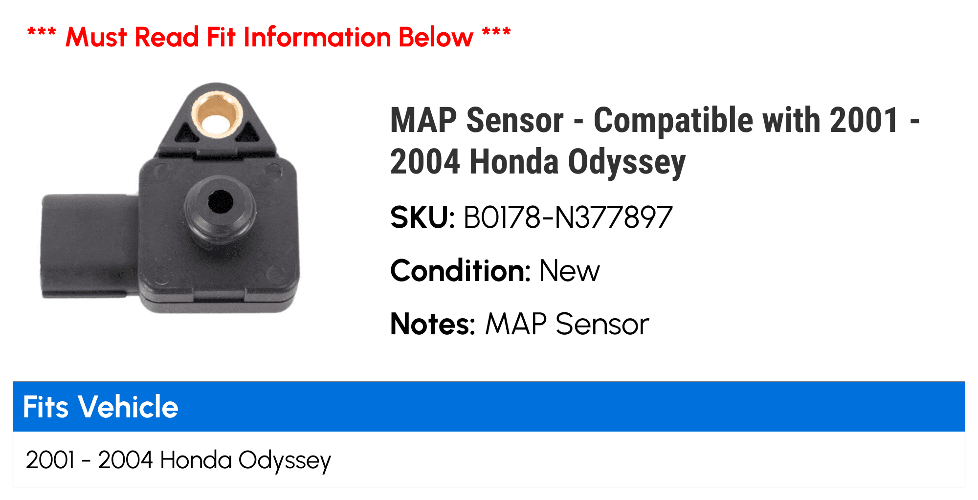 MAP Sensor - Compatible with 2001 - 2004 Honda Odyssey 2002 2003