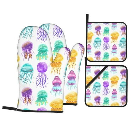 

Oven Mitts and Pot Holders 4 Piece Green Yellow Purple Jellyfish High Heat Slip Resistant Oven Mitt and Trivets Set Kitchen Oven Glove Pot Holders for Cooking Baking Grilling
