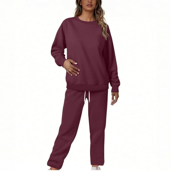 Two Piece Outfits Long Sleeve Casual Sweatsuits for Women Crewneck Pullover Top and Wide Leg Sweatpant Pants Set (XL, Wine)